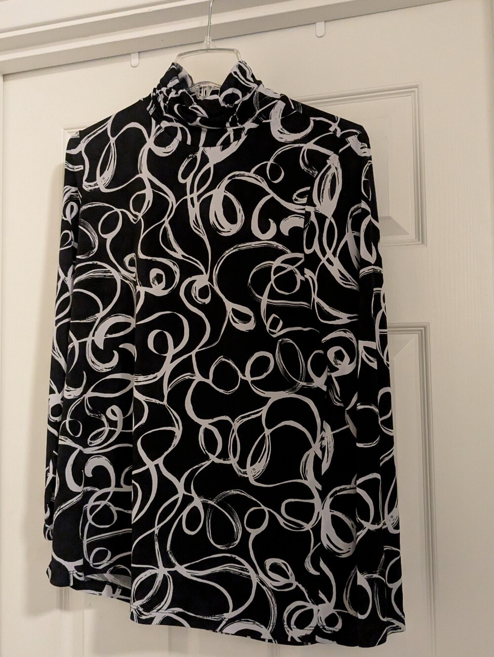 Susan Graver Black Blouse with White Swirl Print Mock Turtleneck
